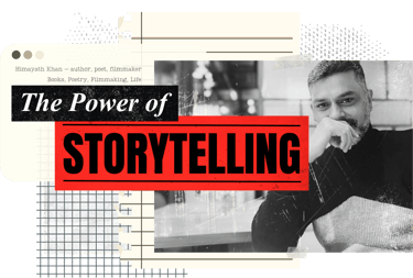 Author and Poet Himayath Khan in a black shirt and a red and white banner The Power of Storytelling