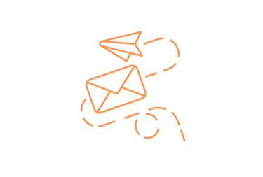 Ícono naranja de un sobre y un avión de papel con línea discontinua, simbolizando envío de correos 