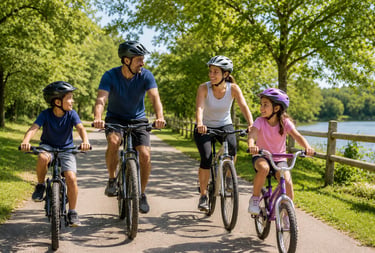 A family taking a bike ride on a bike trail outside.