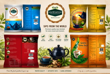 Product display of Vardhaman premium tea blends including Golden CTC and Golden Sona Dust tea packaging with a teapot.