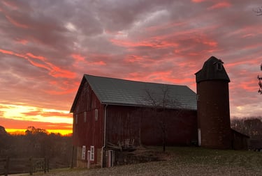red lavender storage barn in Pennsylvania at sunrise on our lavender farm, #LavenderFarm