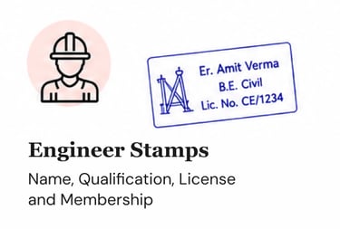 Customized civil engineer stamps showing professional license name and qualification details.