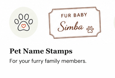 Personalized pet-themed stamp featuring a pet's name and custom design.