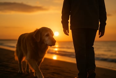 An elderly dog ​​walking beside its owner on the beach.