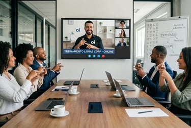 sala de reuniões pessoas sentadas em volta da mesa aula de libras online professor na TV