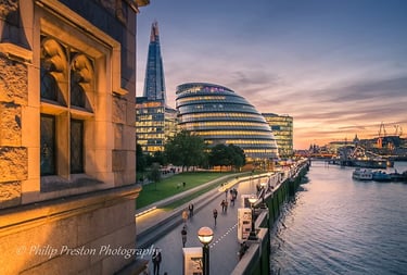 London Southbank sunset, with City Hall and The Shard, photography by Philip Preston.
