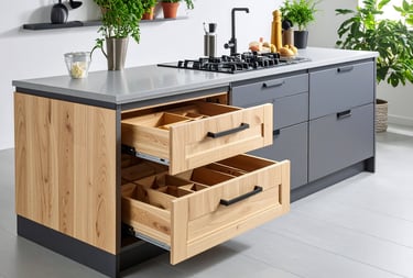a kitchen with a stove top and drawers