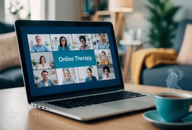 Open laptop computer showing 10 people around perimeter and the words "Online Therapy" in center