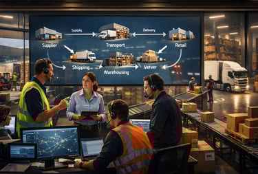 Equipe coordenando processos logísticos integrados em centro de controle com fluxo sincronizado de s