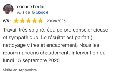 Avis google 5 étoiles clients m&m services pro nettoyage et vitres rouen