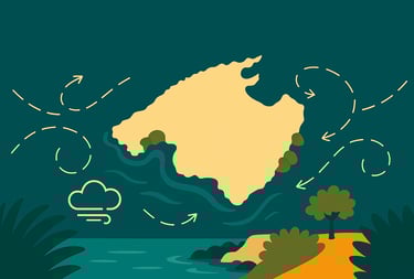 Cala riparata a Maiorca con acqua turchese e scogliere, illustrazione minimalista di Maiorca Unlocked
