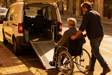 Rollstuhlbeförderung in Berlin: Fahrer hilft einen Fahrgast auf die Rollstuhlrampe.
