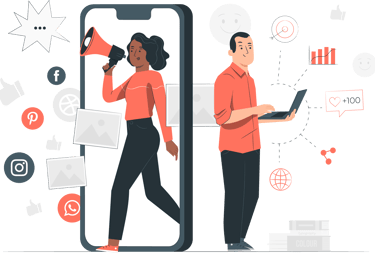 a man and woman standing in front of a phone