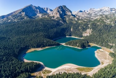 Aerial view of Black Lake in Zabljak Montenegro part of Durmitor National Park