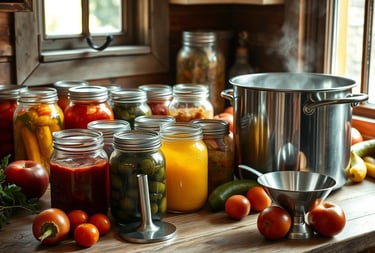 canning pot with various canned preserves