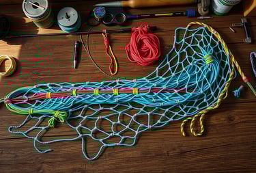 A fishing net being constructed from colorful paracord, surrounded by fishing gear and tools.