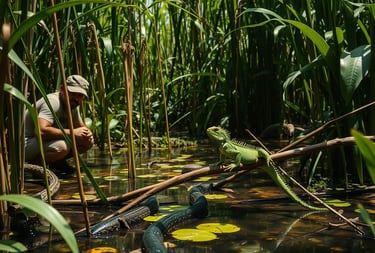 A dense, sun-drenched swamp with a skilled hunter crouching low among the reeds, carefully observing