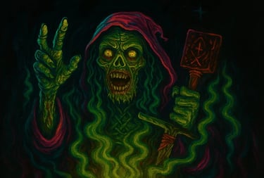 A neon‑lit undead sorcerer with decaying green flesh, glowing eyes, and swirling green mist, framed in a wide horror‑fantasy 