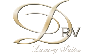 Elegant DRV Luxury Suites logo with a gold script D and silver RV text on a black background.