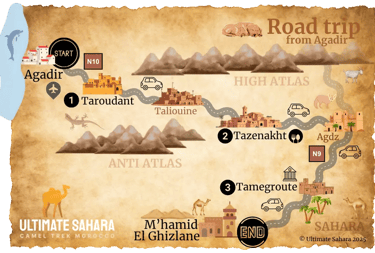 Map showing route of road trip from Agadir to M'hamid with stops Taroudant, Tazenakht & Tamegroute