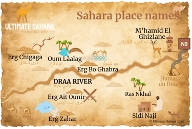 Map showing places in the desert visited on Ultimate Sahara tours, with clues to name origins