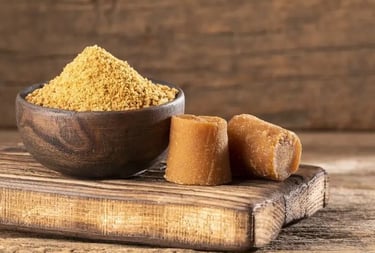 a bowl of jaggery powder with jaggery cubes
