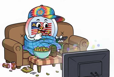 ATF Man sitting on a couch, eating chips, watching American Travel Fun YouTube Channel on TV