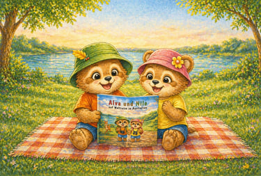 Kinderbuch Alva und Nilo auf Weltreise: Alva und Nilo halten das Buch in der Hand.