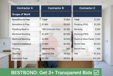 Comparable contractor quote summary table provided by Bestbond showing transparent pricing and project scopes 