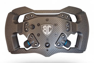 Carbon fiber sim racing steering wheel with customizable buttons and rotary encoders for pro gamers.