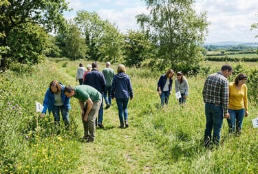 people on a native wildflower hunt as part of a sustainable corporate biodiversity event