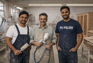 three men standing in a workshop with tools