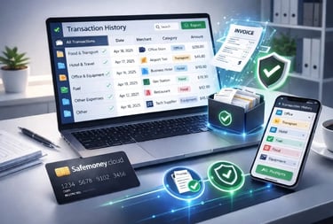 Safemoney.cloud dashboard showing organized transactions, scanned invoices, secure shield real-time expense tracking 