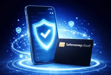 Safemoney.cloud black debit card with secure smartphone shield protection glowing blue fintech cybersecurity payment concept