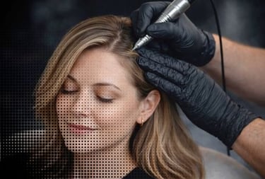 Professional scalp micropigmentation procedure for hair thinning treatment on a blonde woman.