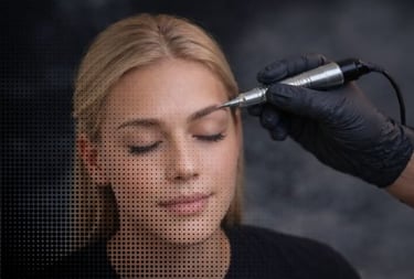 Professional beautician performing permanent eyebrow makeup on a blonde woman using a microblading tool.