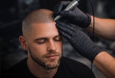 Professional scalp micropigmentation treatment for a man to simulate hair follicles and density.