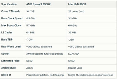 Comparison table of AMD Ryzen 9 9950X vs Intel Core i9-14900K specs