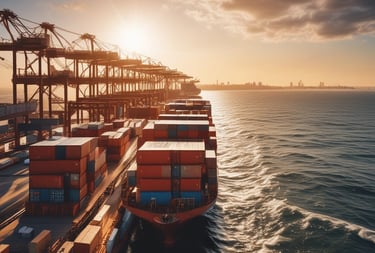 A large cargo ship loaded with colorful containers sailing on the open sea.
