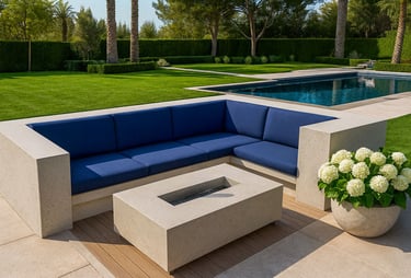 Modern outdoor sectional by Solo Home Decor in a luxury backyard with pool, concrete fire pit, and lush green landscape.