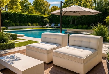 Luxurious custom outdoor furniture by Solo Home Decor, styled in a high-end backyard with pool and modern landscaping.