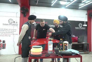 Students getting hands on car detailing training in Ludhiana.