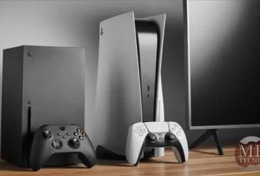 Es una imagen de una play 5 , un mando de play 5 y un TV