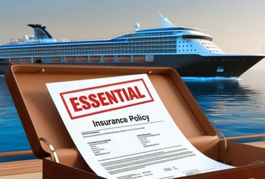 Mala de viagem em destaque com apólice de seguro visível, e navio de cruzeiro ao fundo