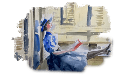 painting of a woman in a blue dress