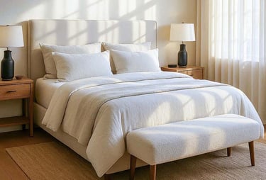 California king upholstered bed with a boucle bedroom bench at the foot, styled in a serene modern bedroom.