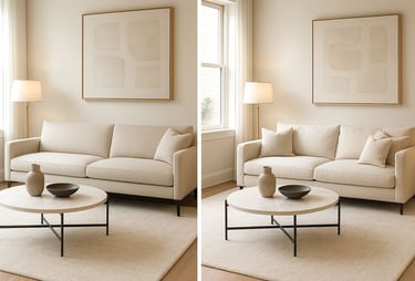 ight back vs. loose back sofas shown in side-by-side living rooms, styled with elegant lighting and neutral decor.