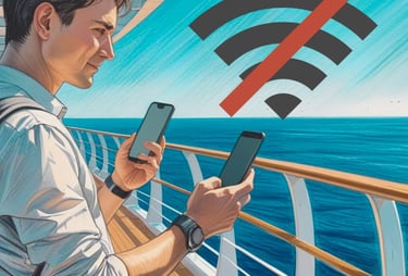 Passageiro adulto no deck de um navio segurando celular com sinal de Wi-Fi fraco, oceano ao fundo