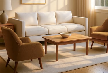 Modern living room with a contemporary bench sofa and bold accent chairs, lit by natural afternoon light.