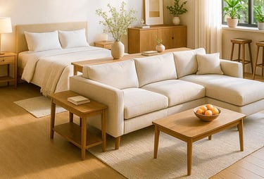 Cozy open-plan studio with custom L-shaped sectional, console table, soft textures, and warm morning light dividing living an